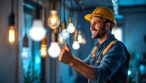 A photograph of a lighting contractor in action