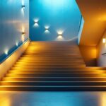 A photograph of a beautifully illuminated staircase featuring a variety of lighting options