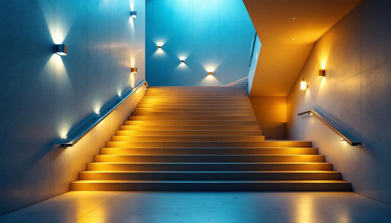 A photograph of a beautifully illuminated staircase featuring a variety of lighting options