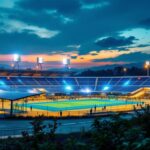 A photograph of a solar-powered arena lit up at dusk