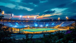 A photograph of a solar-powered arena lit up at dusk