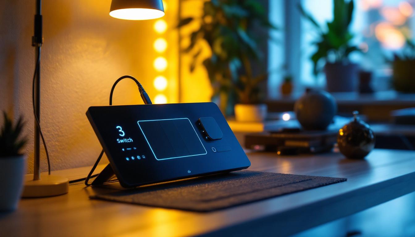 A photograph of a modern lighting control panel featuring the 3 switch system in a well-lit