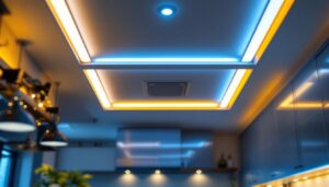A photograph of a beautifully illuminated kitchen ceiling featuring stylish led lights