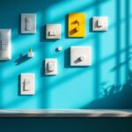 A photograph of a collection of unique and unconventional light switches in a stylish interior setting