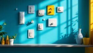 A photograph of a collection of unique and unconventional light switches in a stylish interior setting