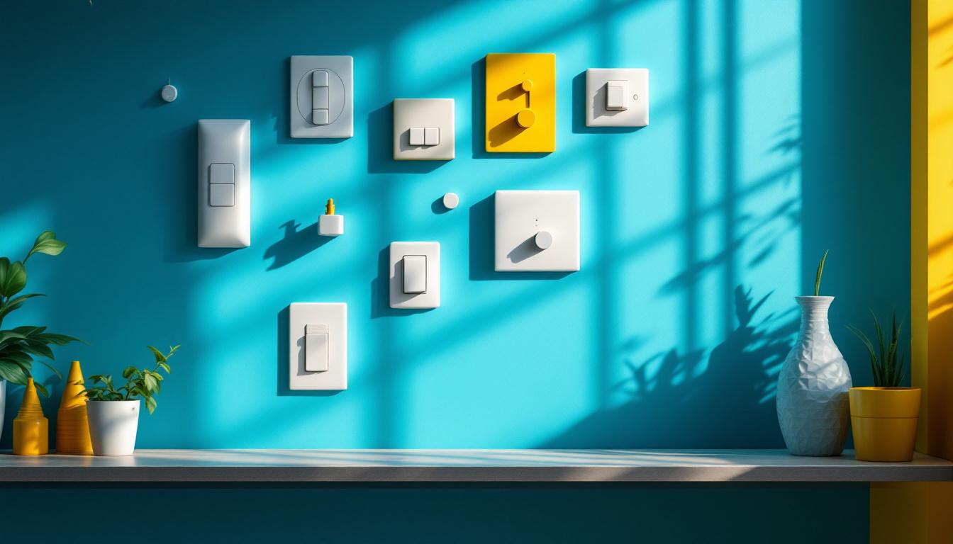 A photograph of a collection of unique and unconventional light switches in a stylish interior setting