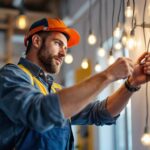 A photograph of a skilled lighting contractor meticulously installing wire lighting in a modern interior space