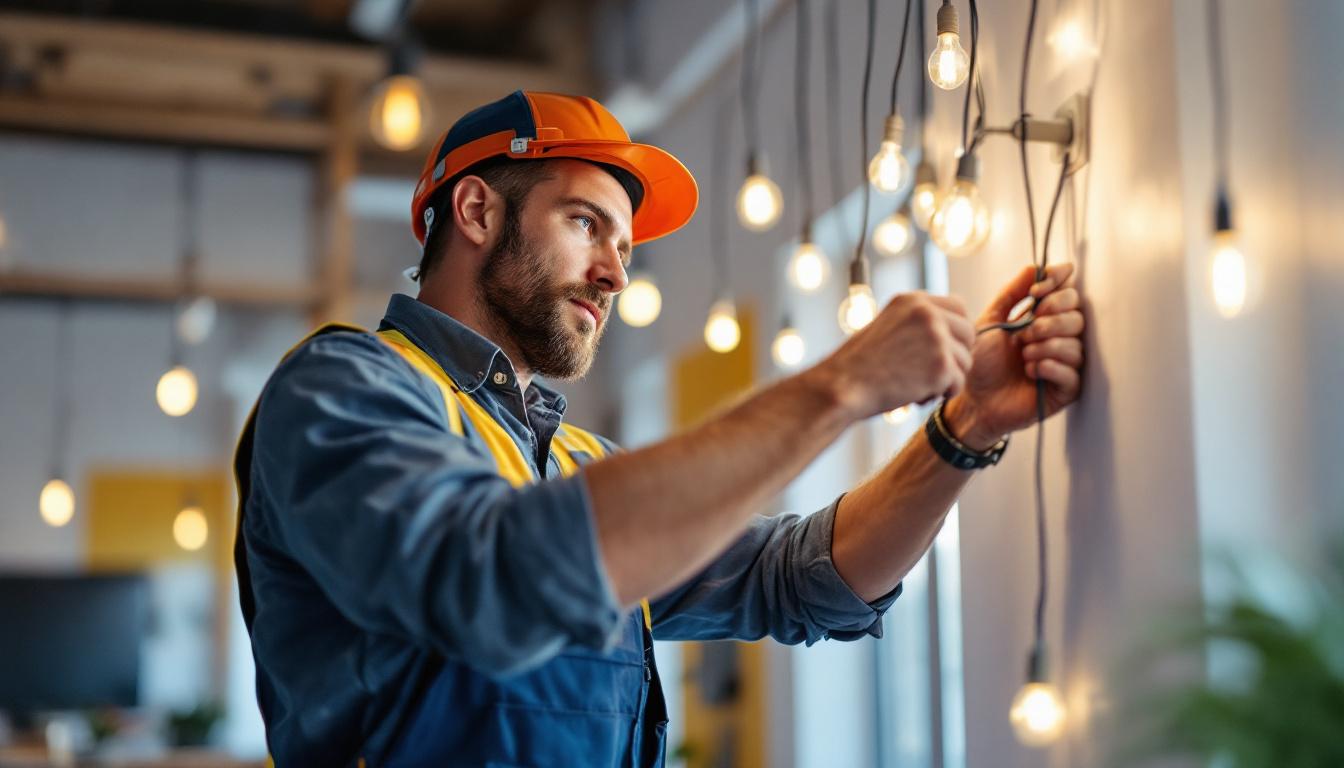 A photograph of a skilled lighting contractor meticulously installing wire lighting in a modern interior space