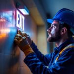 A photograph of a lighting contractor installing or inspecting an exit sign equipped with bright