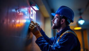 A photograph of a lighting contractor installing or inspecting an exit sign equipped with bright