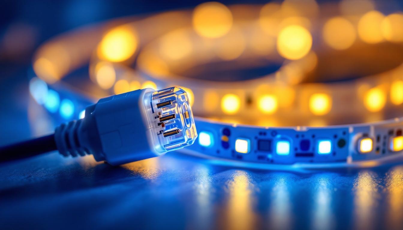 A photograph of a close-up shot of a 2-pin connector being used with led strip lights
