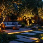 A photograph of a beautifully illuminated backyard scene at dusk
