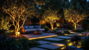A photograph of a beautifully illuminated backyard scene at dusk