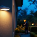 A photograph of a well-lit outdoor space featuring a motion sensor lamp in action