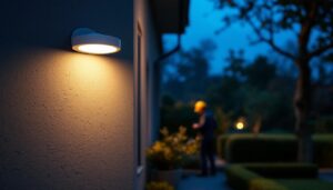 A photograph of a well-lit outdoor space featuring a motion sensor lamp in action