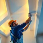 A photograph of a skilled lighting contractor installing can lights in a beautifully designed vaulted ceiling space