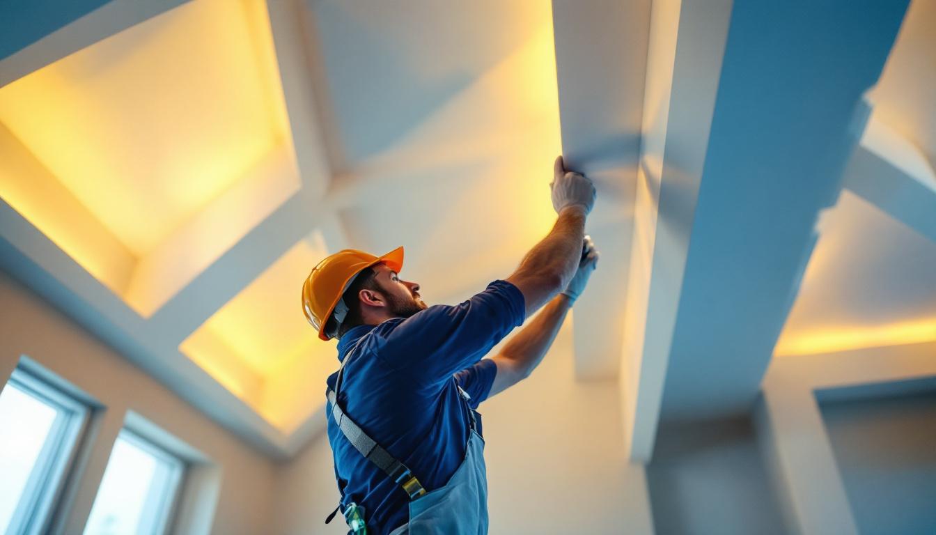 A photograph of a skilled lighting contractor installing can lights in a beautifully designed vaulted ceiling space