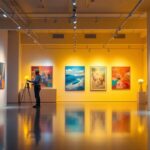 A photograph of a well-lit exhibition space showcasing various artworks
