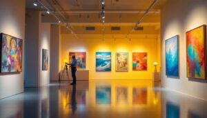 A photograph of a well-lit exhibition space showcasing various artworks