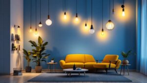 A photograph of a beautifully lit home interior showcasing a variety of stylish lighting fixtures