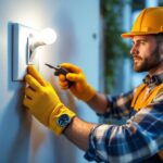A photograph of a lighting contractor installing a single pole switch in a residential setting