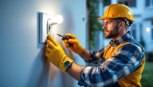 A photograph of a lighting contractor installing a single pole switch in a residential setting