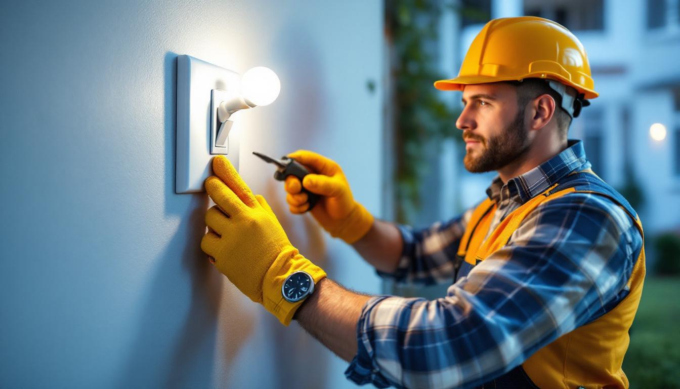 A photograph of a lighting contractor installing a single pole switch in a residential setting