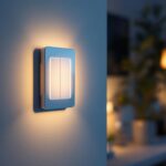 A photograph of a modern home interior featuring a stylish home automation light switch in action