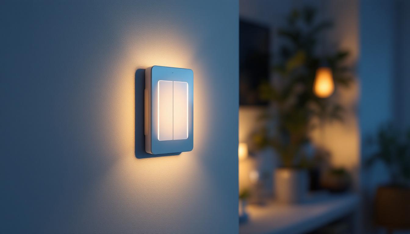 A photograph of a modern home interior featuring a stylish home automation light switch in action