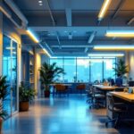 A photograph of a well-lit commercial space featuring 8-foot led tube lights installed in a modern setting
