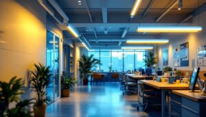 A photograph of a well-lit commercial space featuring 8-foot led tube lights installed in a modern setting