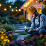 A photograph of a lighting contractor expertly installing outdoor lighting in a beautifully landscaped garden