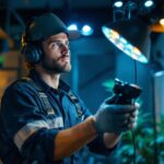 A photograph of a skilled lighting contractor in action