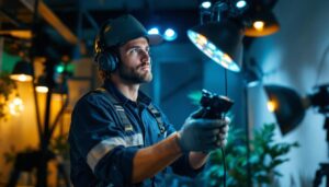 A photograph of a skilled lighting contractor in action