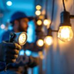 A photograph of a lighting contractor in action