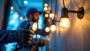 A photograph of a lighting contractor in action