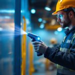 A photograph of a lighting contractor using an ultraviolet handheld sanitizer in a work environment
