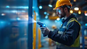A photograph of a lighting contractor using an ultraviolet handheld sanitizer in a work environment