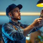 A photograph of a skilled lighting contractor expertly installing or adjusting stylish