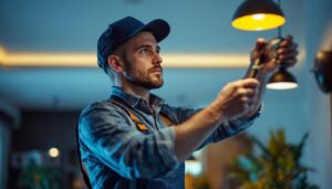 A photograph of a skilled lighting contractor expertly installing or adjusting stylish