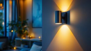 A photograph of a stylish indoor wall mount light fixture installed in a modern living space