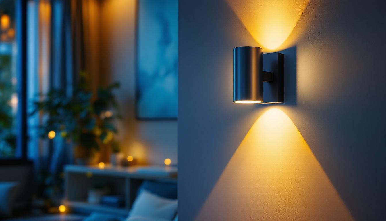 A photograph of a stylish indoor wall mount light fixture installed in a modern living space