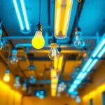A photograph of a well-lit indoor space showcasing a variety of fluorescent bulbs in use