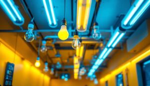 A photograph of a well-lit indoor space showcasing a variety of fluorescent bulbs in use