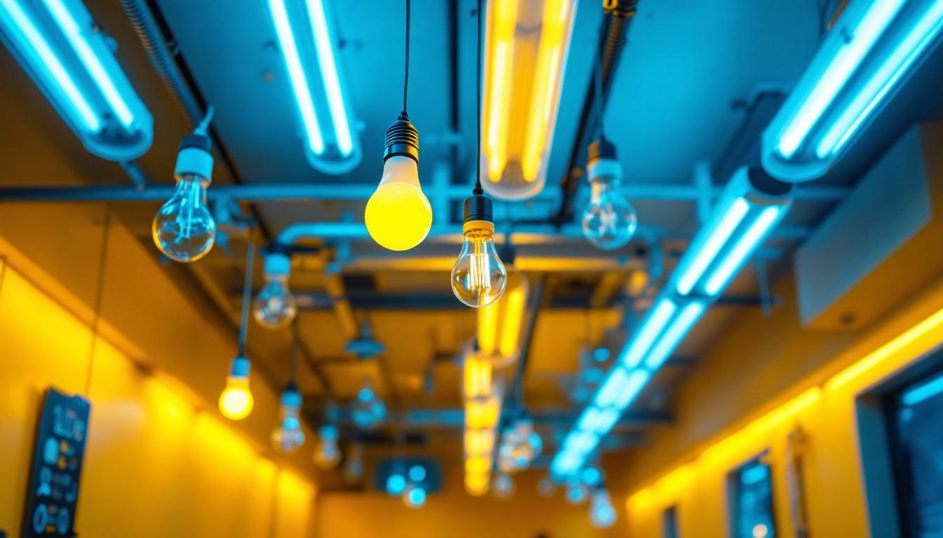A photograph of a well-lit indoor space showcasing a variety of fluorescent bulbs in use