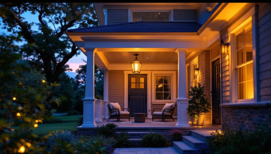 A photograph of a beautifully designed front porch with an elegant ceiling light fixture illuminated at dusk