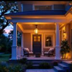 A photograph of a beautifully designed front porch with an elegant ceiling light fixture illuminated at dusk