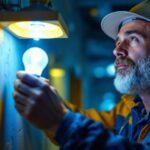 A photograph of a lighting contractor inspecting a uv light bulb installation in a commercial setting