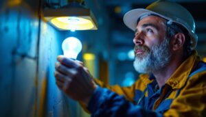 A photograph of a lighting contractor inspecting a uv light bulb installation in a commercial setting