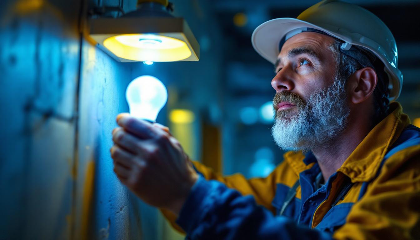 A photograph of a lighting contractor inspecting a uv light bulb installation in a commercial setting